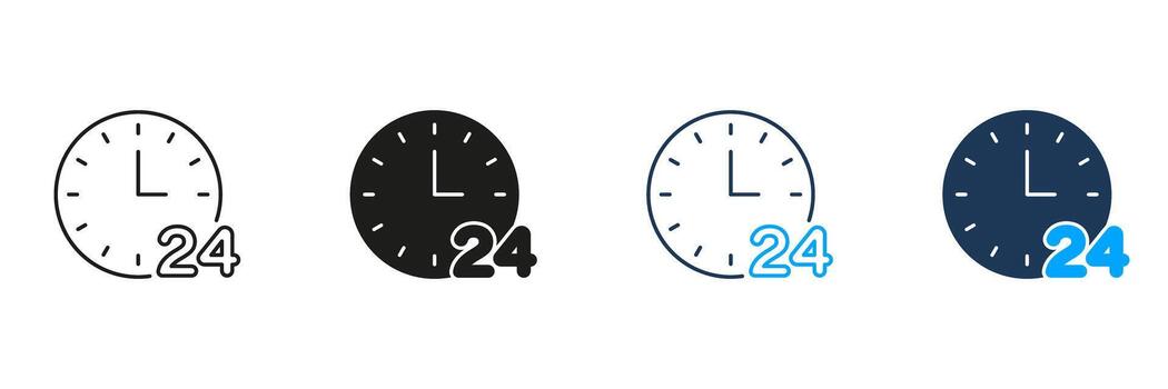 Clock With 24-Hour Service Line And Solid Icon Set. Around-The-Clock Availability And Customer Support Symbol Collection. Time Management And Continuous Operation. Isolated Illustration vector