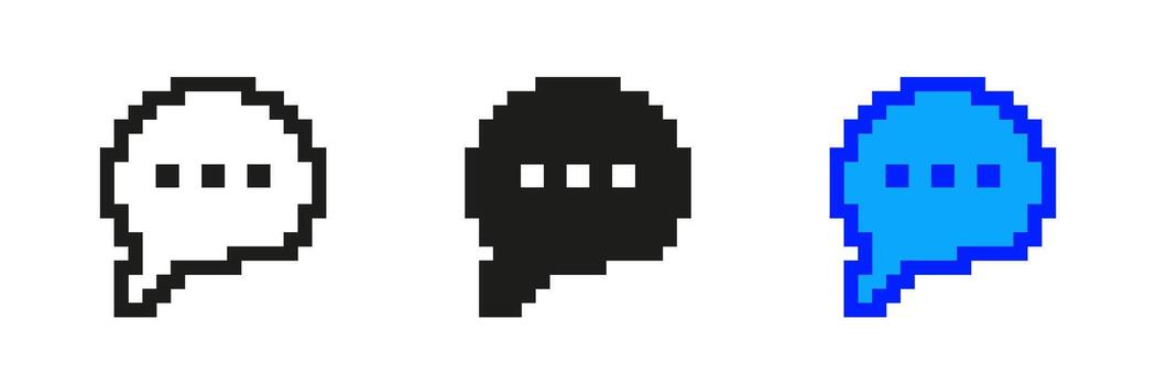 habla burbuja píxel Arte icono colocar. retro pixelado habla burbuja con Tres puntos, símbolo de comunicación, conversación, diálogo. aislado ilustración vector