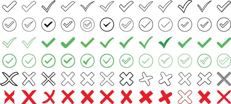 Versatile Simple check and cross icon set with multiple color options, Simple check and cross graphic design vector