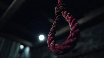 Red rope forming a noose, hanging in a dark and dramatic setting. photo