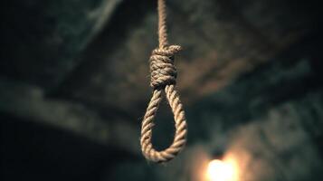 A chilling hangman's noose made of thick rope, hanging in a dark, ominous place. photo