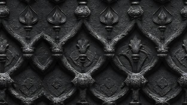 Detail of an aged dark metal surface featuring an elaborate gothic pattern. Seamless tile. photo