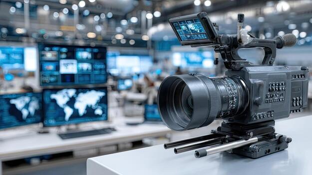A camera is sitting on a table in front of a computer photo