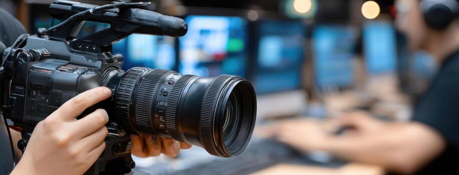 A person holding a camera in front of a computer screen photo
