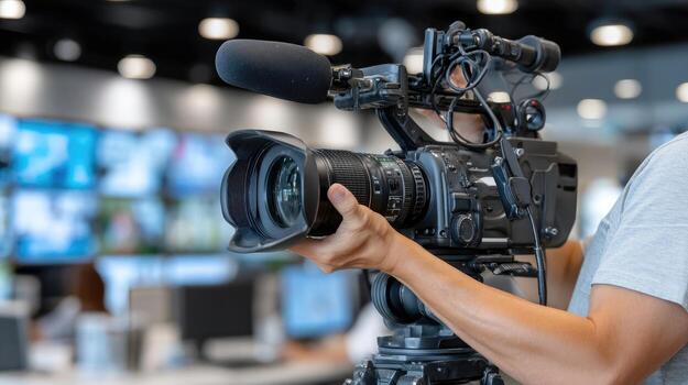 A man holding a camera in front of a television photo