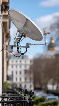 A satellite dish is mounted on the side of a building photo
