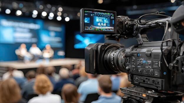 A camera is recording a conference photo