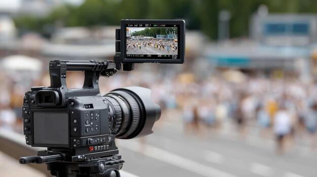 A camera is on a tripod in front of a crowd photo