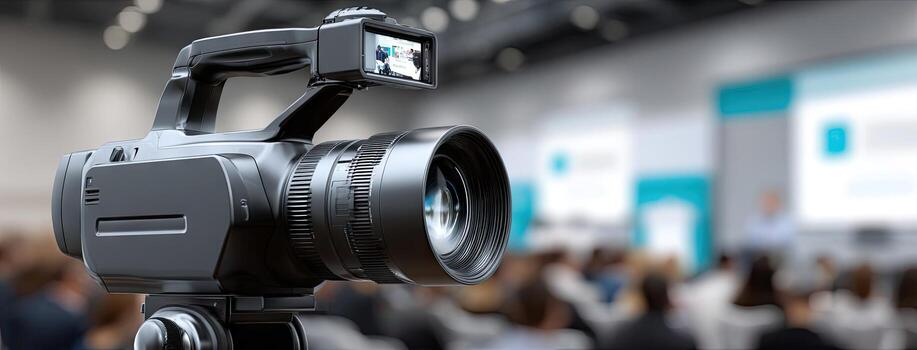 A camera is in front of a large audience photo