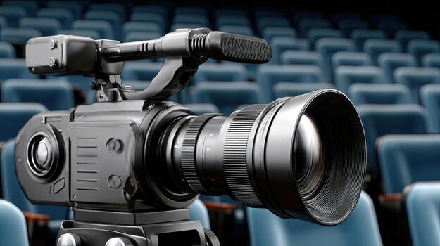 A camera is sitting in front of a theater photo