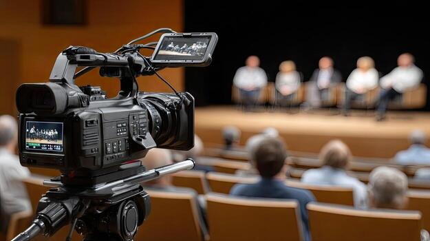A camera is set up in front of a crowd photo