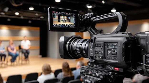 A camera is in front of a room full of people photo