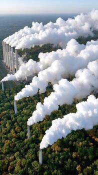A group of smoke stacks in the middle of a forest photo