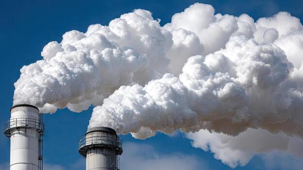 Two white smoke stacks coming out of a factory photo