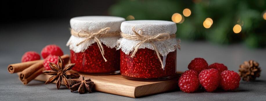 Two jars of raspberry jam with cinnamon and spices photo