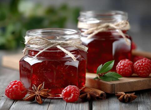 Raspberry jam in jars on a wooden table photo