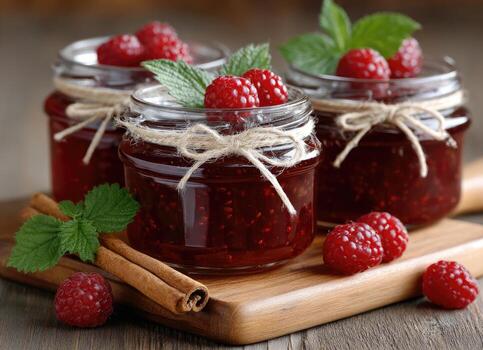 Raspberry jam in jars on a wooden board photo