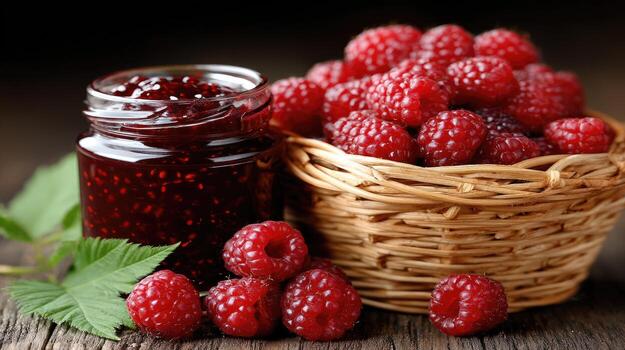 Raspberry jam in a basket on a wooden table photo