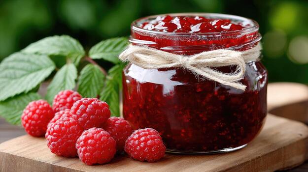 Raspberry jam in a jar photo