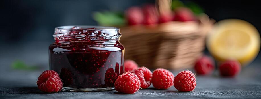 Raspberry jam in a jar with a basket of raspberries photo