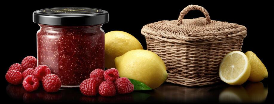 A jar of raspberry jam next to a basket of lemons photo