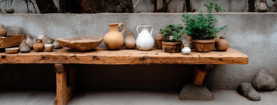 A wooden table with pots and plants on it photo