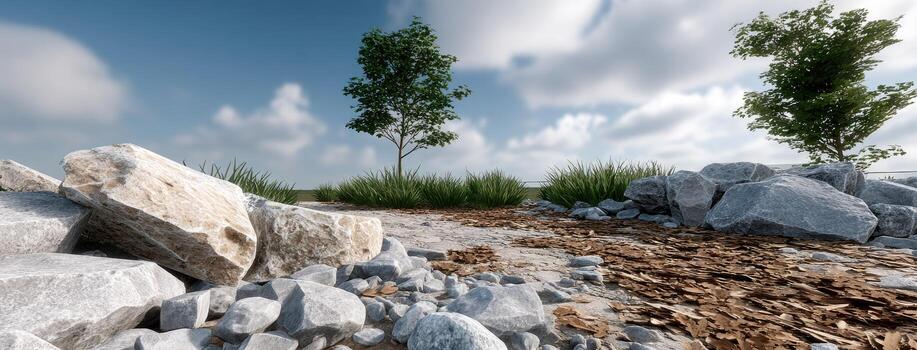 A 3d rendering of a rocky landscape with trees photo