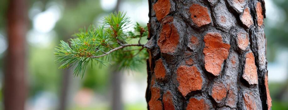 A close up of a tree trunk with a pine tree photo