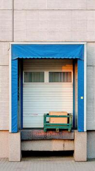 A bench sitting in front of a closed door photo