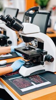 A woman in a lab coat is looking at a microscope photo