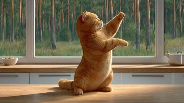 A cat standing on its hind legs on a table photo