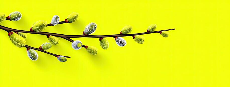 A branch with buds on a yellow background photo