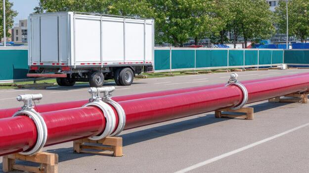 A large red pipe sitting on a wooden pallet photo