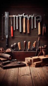 A variety of tools are arranged on a wooden table photo