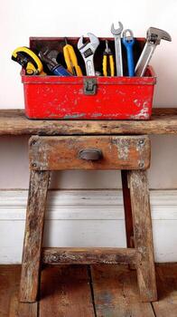 A wooden bench with a red tool box on it photo