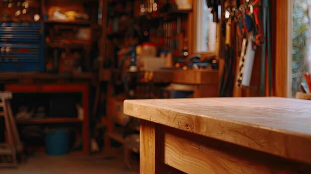 A wooden table in a workshop photo