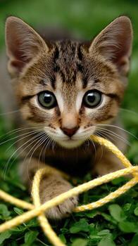 A cat is playing with a yellow rope photo