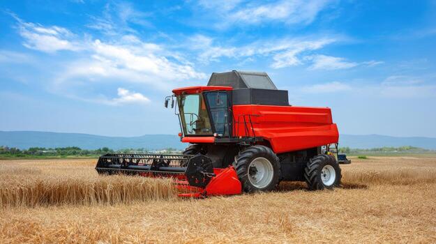 A red combine harvester is working in a field photo