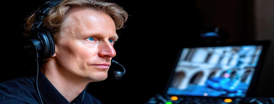 A man wearing headphones and a headset in front of a computer screen photo