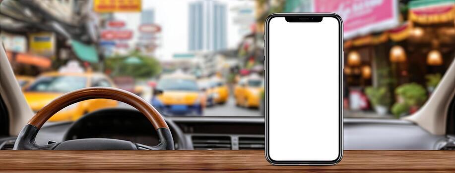 The smartphone is placed on the dashboard of a car photo