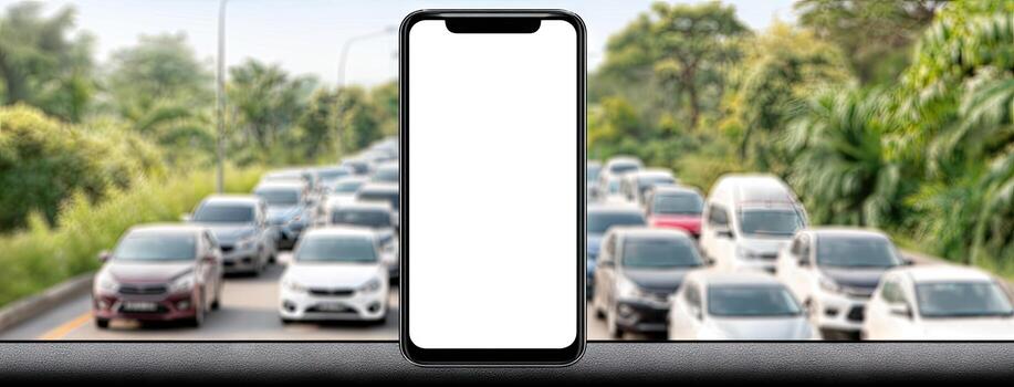 A smartphone screen on the dashboard of a car photo