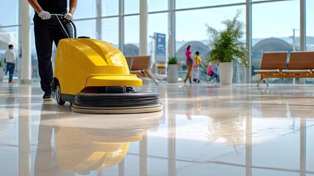 A man cleaning a floor with a yellow machine photo