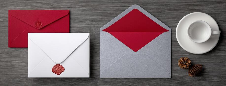 A red envelope, envelope and cup with a red ribbon photo