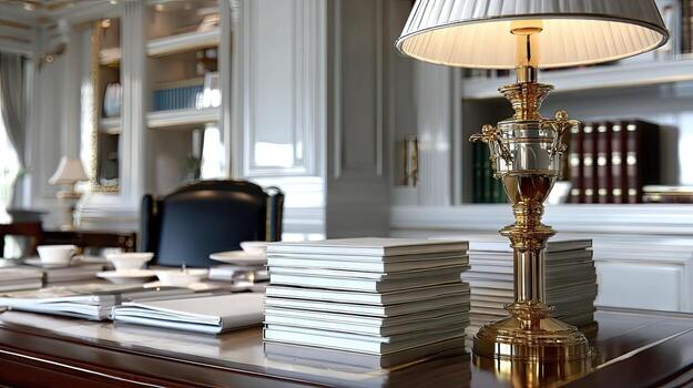 A desk with a lamp and books on it photo