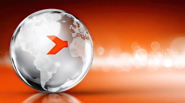 A globe with an arrow pointing to the right photo