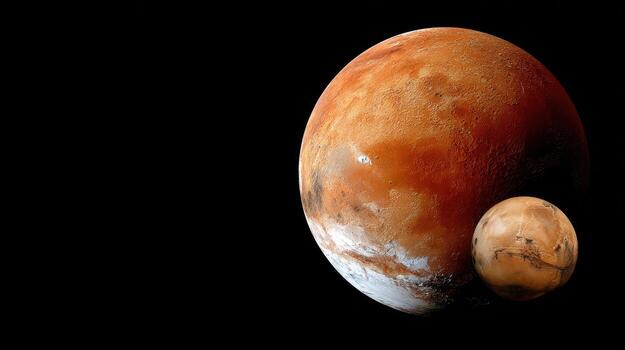 The planet mars and its moon are shown in this image photo