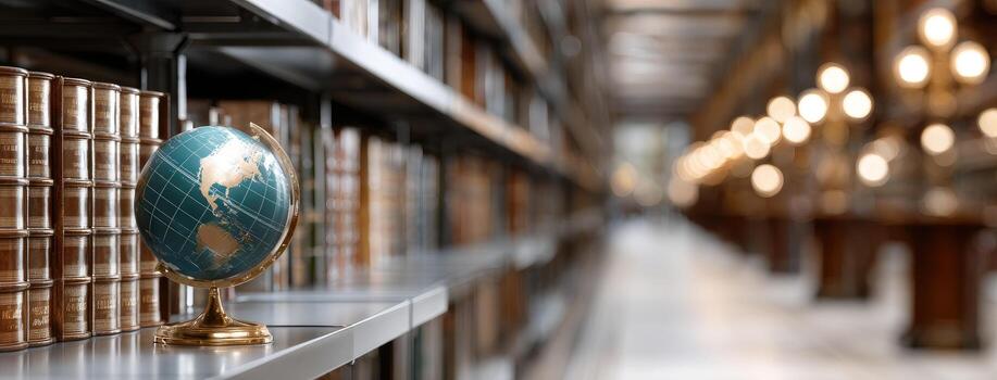 A globe in a library with books and bookshelves photo