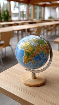 A globe on a wooden table in a classroom photo