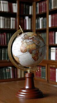 A globe on a stand in front of bookshelves photo