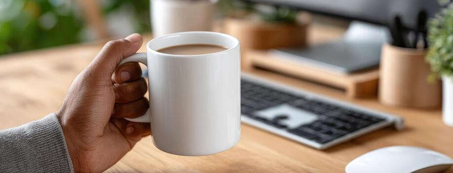 A person holding a mug of coffee in front of a computer photo